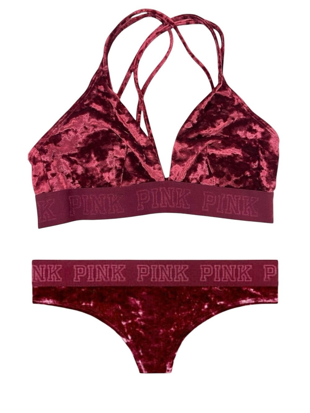 PINK Victoria's Secret Velvet Strappy Bralette & Bikini Set in Burgundy